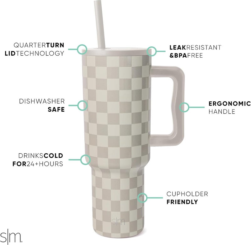 Simple Modern 40 oz Trek Tumbler with Handle and Straw Lid | Cup Holder Friendly Insulated Stainless Steel Travel Mug | Checkmate - Image 2